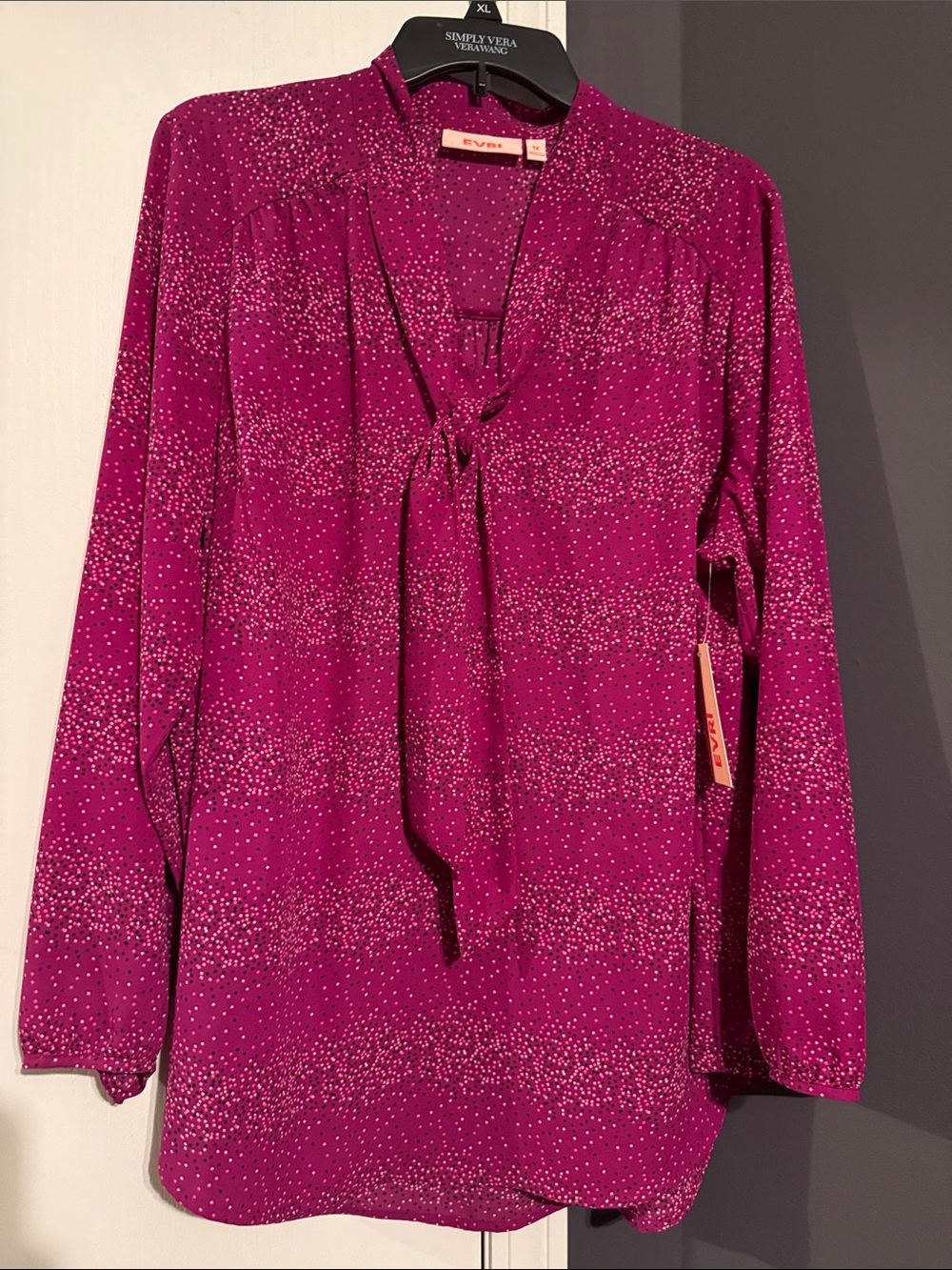 EVRI Magenta Dot-Print Tie-Neck Blouse
